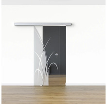 Porte coulissante en verre avec motif d''herbes devant un mur blanc