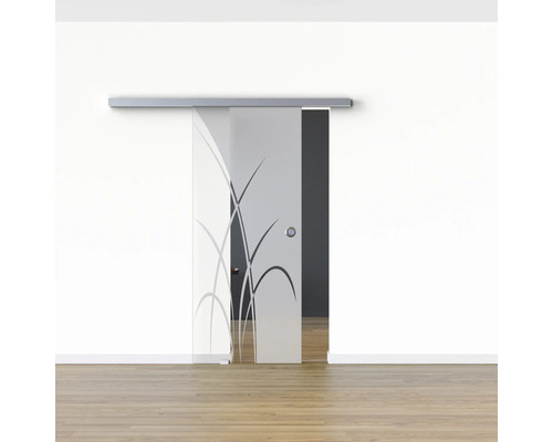Porte coulissante en verre avec motif de plantes devant un mur blanc