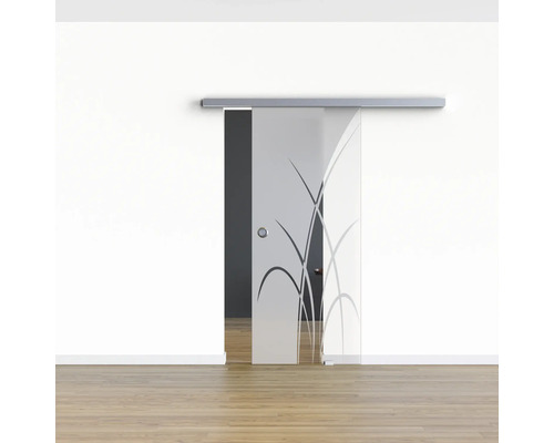 Porte coulissante en verre avec motif de plantes dans une pièce lumineuse