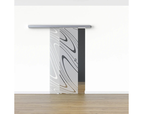 Porte coulissante en verre avec motif abstrait dans la pièce