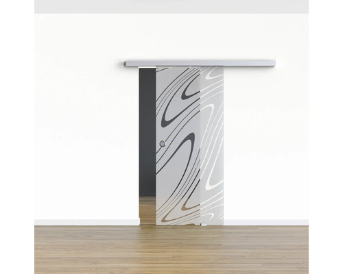 Porte coulissante en verre avec motif abstrait devant un mur