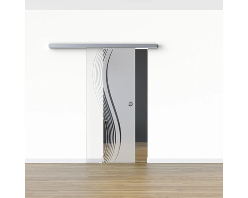 Porte coulissante en verre avec motif ondulé devant un mur blanc