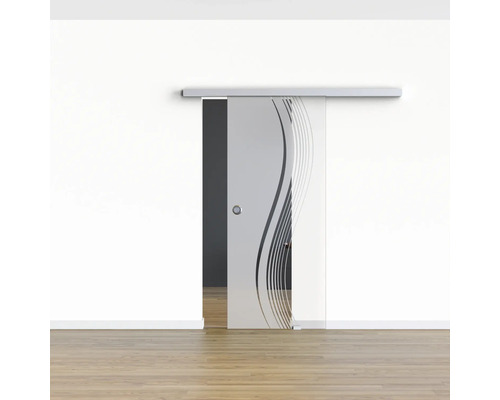 Porte coulissante en verre avec motif devant un mur