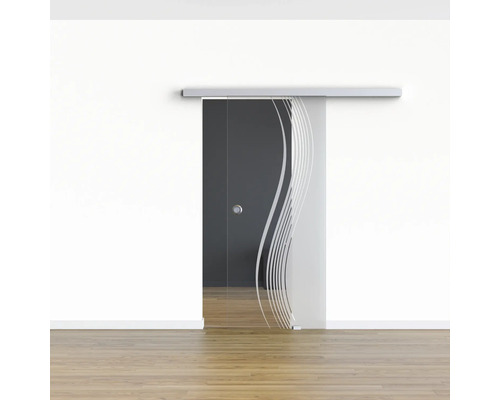 Porte coulissante en verre avec motif ondulé et poignée dans la vue de la pièce