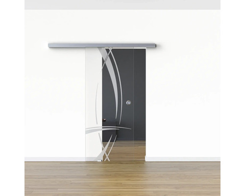 Porte coulissante en verre avec motif abstrait devant un mur