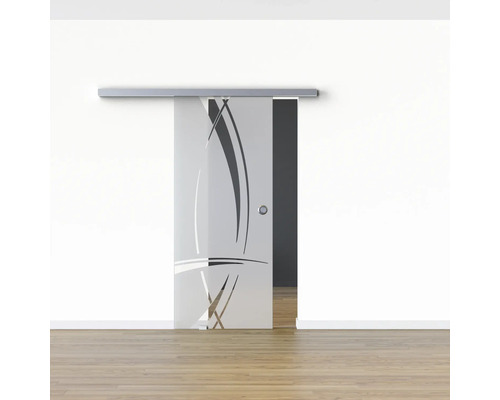 Porte coulissante en verre avec décor devant un mur blanc