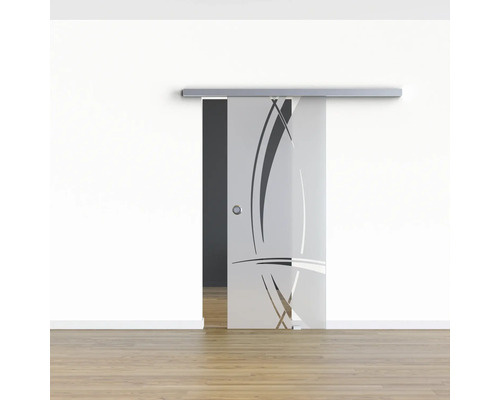 Porte coulissante en verre avec motif abstrait dans une pièce