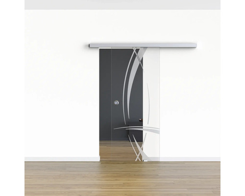 Porte coulissante en verre avec décorations abstraites dans une pièce