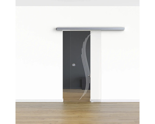 Glasschiebetür mit Streifenmuster und Schiebetürsystem vor einer weißen Wand