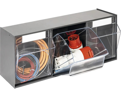 Étagère à tiroirs avec câbles et fiches