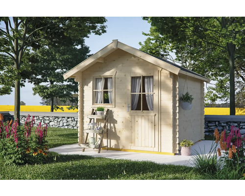 Chalet de jardin en madriers SKAN HOLZ Porto avec plancher 280 x 255 cm naturel Abri de jardin en bois avec fenêtre et porte dans un jardin avec des arbres et des fleurs.
