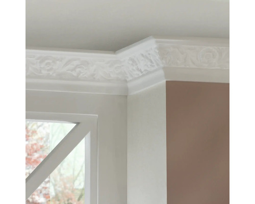 Gros plan d''une moulure de plafond à motifs floraux dans le coin d''une pièce.