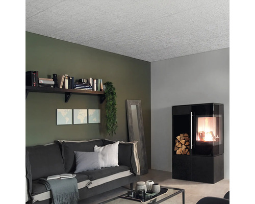 Wohnzimmer mit Deckenplatten, Sofa, Kamin und Bücherregal für eine gemütliche Atmosphäre