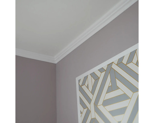 Vue d''angle d''une pièce avec une moulure blanche au plafond et un mur avec un motif géométrique