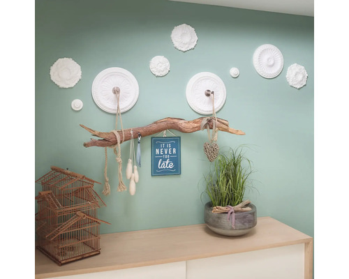 Décoration murale avec des éléments floraux en stuc, une branche comme porte-manteau, une décoration avec une citation et une décoration sur une commode avec une cage et une plante