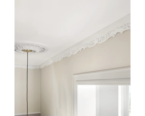 Plafond de pièce avec rosace en stuc, moulure et cadre de porte