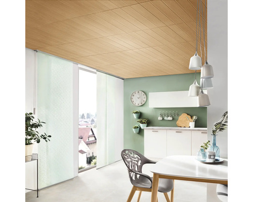 Pièce lumineuse avec rideaux coulissants, panneaux de plafond et kitchenette