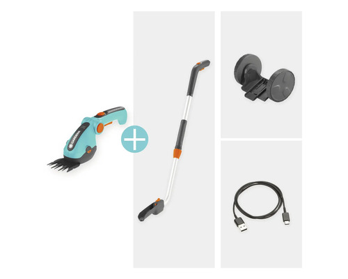 Kit de cisailles à gazon sans fil Gardena avec manche télescopique, jeu de roues et câble de charge USB-C