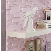 Étagère murale avec objets de décoration et livres devant un mur en briques