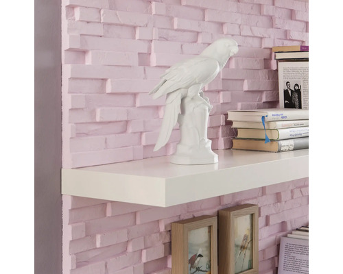 Étagère murale avec objets de décoration et livres devant un mur en briques