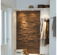 Espace d''entrée avec revêtement en bois, étagère et porte-manteau.