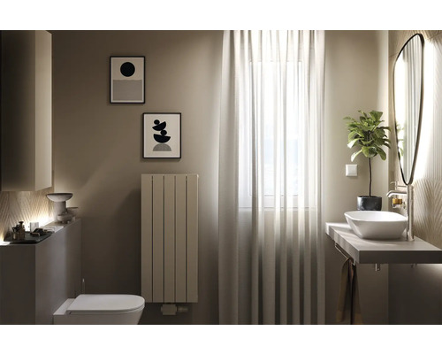 Salle de bains moderne avec lavabo, miroir, radiateur et décorations