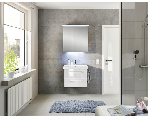 Salle de bain moderne avec lavabo, armoire de toilette et douche