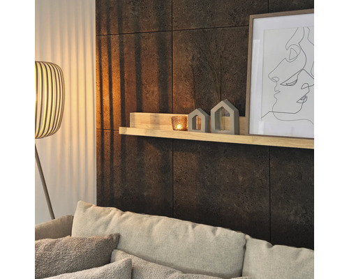 Salon avec panneaux muraux imitation pierre, étagère, décoration et lampadaire