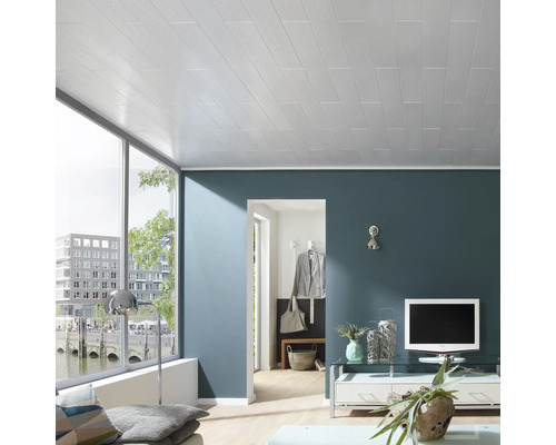 Wohnzimmer mit Holzpaneeldecke, Fenstern und Möbeln