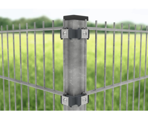 Poteau d''angle pour clôture en treillis double fil avec supports et couvercle