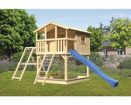Cabane de jeux avec des pilotis Karibu Benjamin 198 x 243 cm bois naturel Maisonnette en bois avec toboggan, échelle et bac à sable dans le jardin