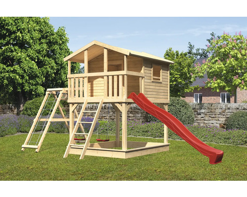 Cabane de jeux avec des pilotis Karibu Benjamin 198 x 243 cm bois naturel Aire de jeux avec cabane dans les arbres, toboggan, bac à sable, échelle et mur d''escalade dans le jardin