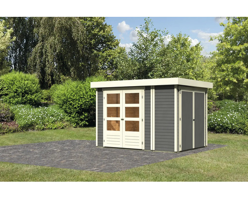 Abri de jardin Karibu Karola 2 avec armoire modulaire 284 x 213 cm gris terre Abri de jardin avec double porte et toit plat dans le jardin