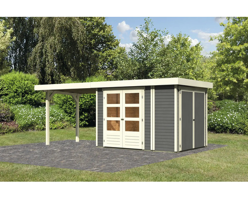 Abri de jardin Karibu Karola 2 avec toit en appentis 2,8 m et armoire modulaire 545 x 217 cm gris terre Abri de jardin Karibu Karola 2 avec toit en appentis 2,8 m et armoire modulaire 545 x 217 cm gris terre