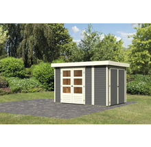 Gartenhaus aus Holz mit Doppeltür und Seitentür im Garten