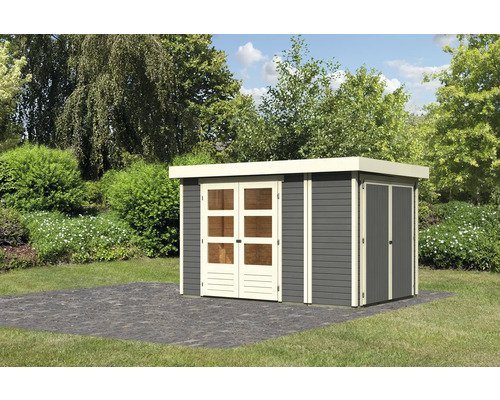 Abri de jardin Karibu Karola 3 avec armoire modulaire 315 x 213 cm gris terre Abri de jardin en bois avec double porte et porte latérale dans le jardin