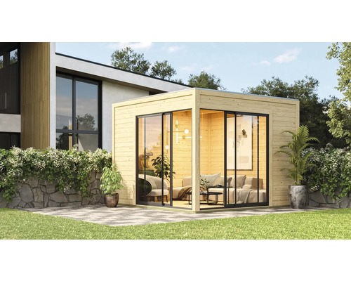 Abri de jardin Karibu Diko 3 avec plancher, fenêtre 308 x 308 cm naturel Pavillon de jardin moderne avec de grandes façades en verre et un mobilier confortable à l''extérieur.