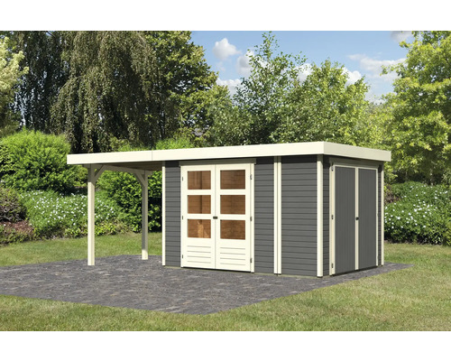 Karibu Gartenhaus Karola 4 mit Schleppdach 2.4 m inkl. Anbauschrank 539x246 cm terragrau