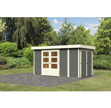 Abri de jardin avec porte double et porte latérale dans le jardin