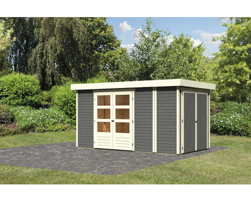 Abri de jardin Karibu Karola 5 avec armoire modulaire 373 x 213 cm gris terre Abri de jardin avec porte double et porte latérale dans le jardin