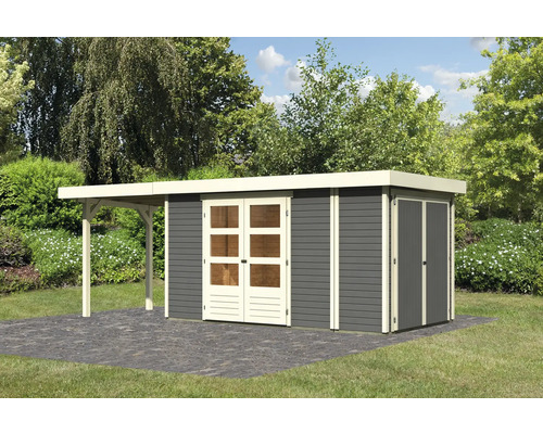 Abri de jardin Karibu Karola 5 avec toit en appentis 2.4 m avec armoire modulaire 599x217 cm gris terre