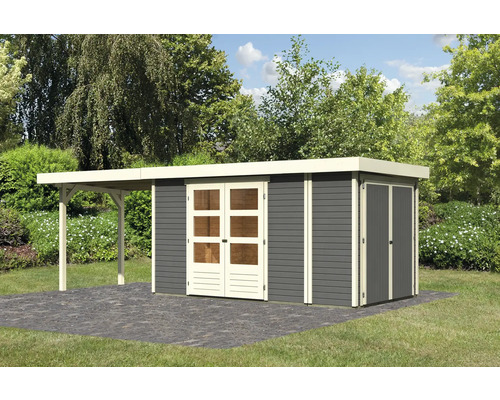 Abri de jardin Karibu Karola 5 avec toit en appentis 2.8 m avec armoire modulaire 632x217 cm gris terre