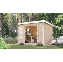 Holzgartenhaus mit Flügeltüren und Büroeinrichtung im Garten