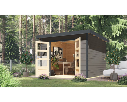 Abri de jardin Karibu Metalwood 2B tôle anthracite 270 x 270 cm gris terre Abri de jardin moderne avec portes doubles ouvertes et équipement de bureau à l''intérieur.
