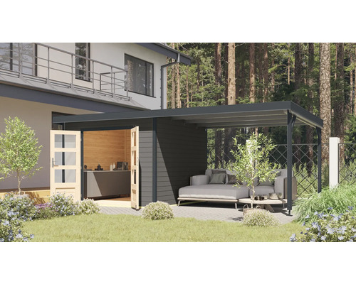 Abri de jardin Karibu Metalwood 2B tôle anthracite avec extension de toiture 567x271 cm gris terre