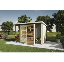 Abri de jardin avec porte ouverte et étagères pour ranger les outils de jardin