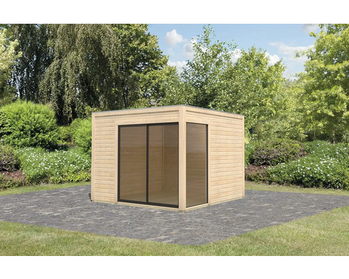 Modernes Gartenhaus mit Schiebetüren aus Holz