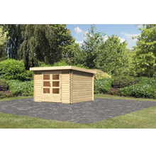 Holzgartenhaus mit Doppeltür und Gründach im Garten