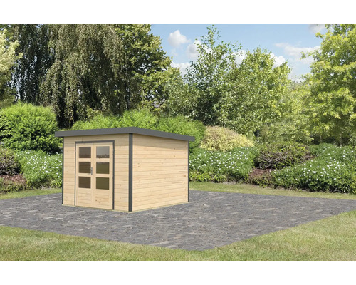 Gartenhaus aus Holz mit Doppeltür und Flachdach im Garten