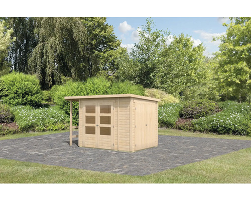 Holzgartenhaus mit Vordach und Doppeltür im Garten